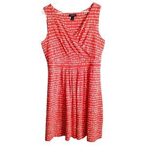 Lands' End Sleeveless V-Neck Dress Orange Red Polka Dot Stretch - 14/16 (L)